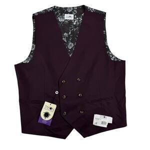 Tayion Mens Classic Fit Solid Double-Breasted Suit Vest Burgundy L